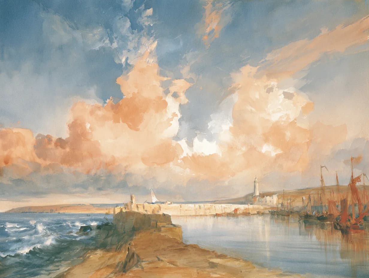 Aquarela de um porto com barcos atracados e um farol ao fundo