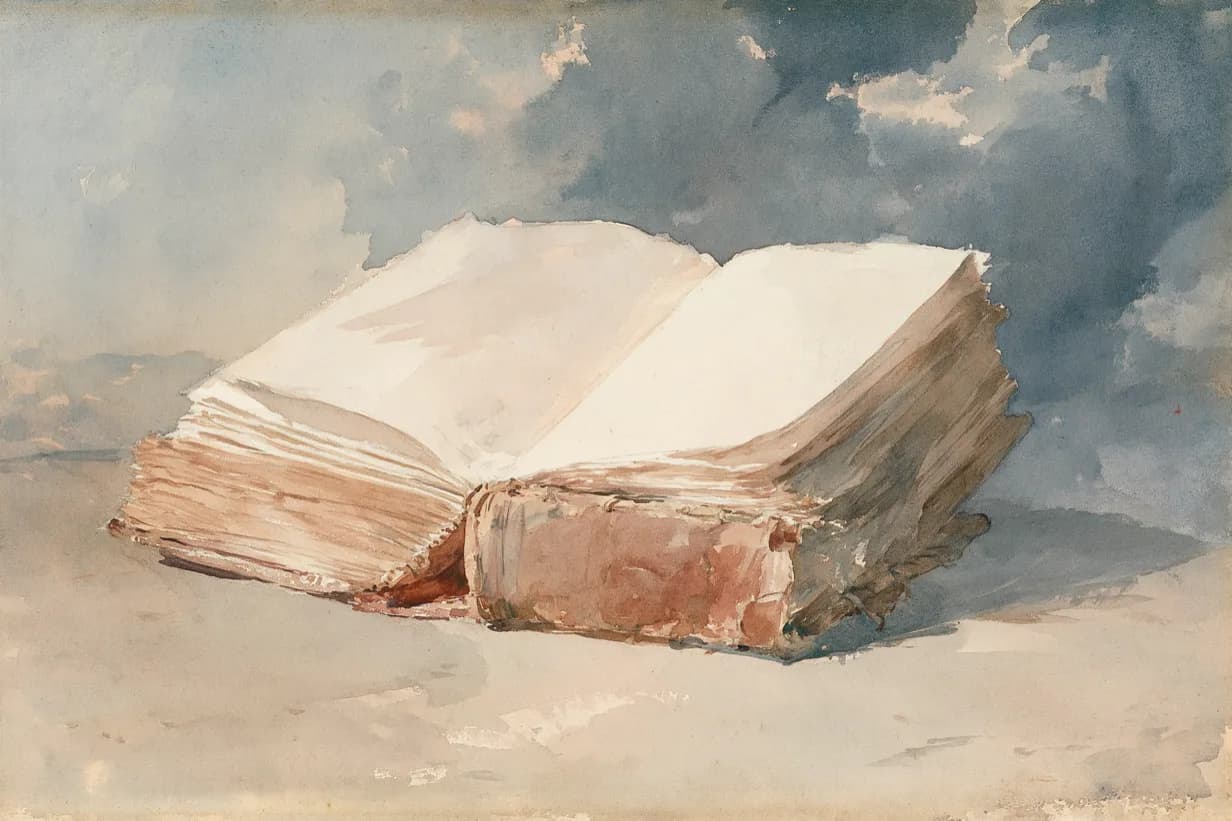Aquarela de um livro aberto de páginas em branco, sob um céu carregado