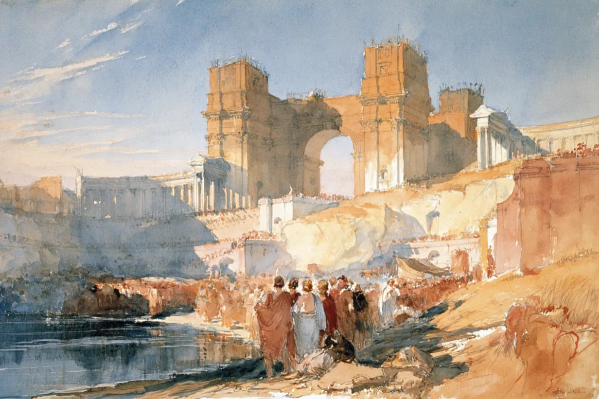 Aquarela de uma multidão reunida diante de um arco monumental cercado de andaimes