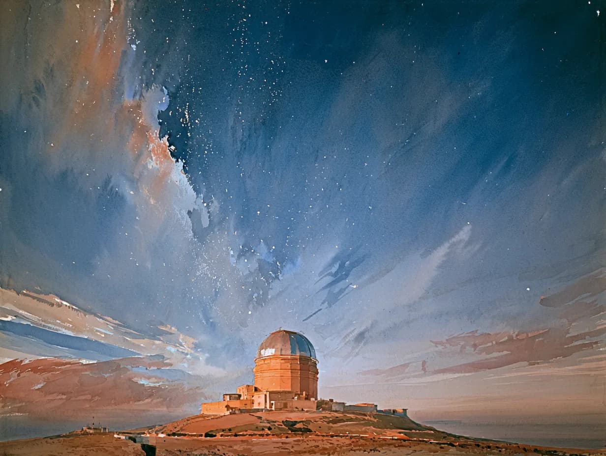 Aquarela de um observatório sob um céu que anoitece estrelado