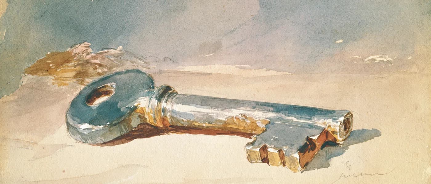 Aquarela de uma chave antiga deitada, vista de perto
