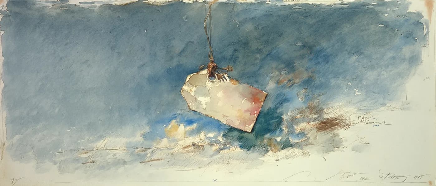 Aquarela de uma etiqueta de preço pendurada por um cordão, contra uma lavagem azul