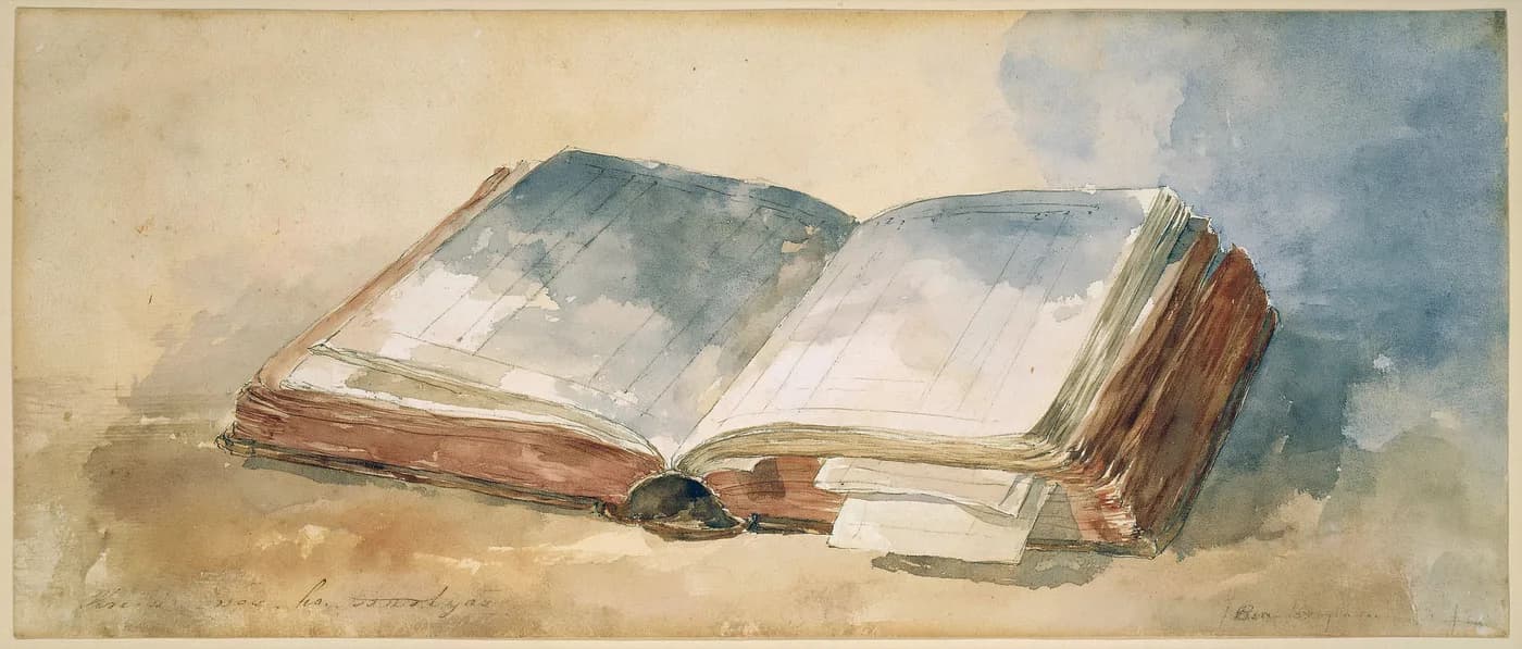 Aquarela de um livro-razão aberto, de páginas pautadas e ainda em branco