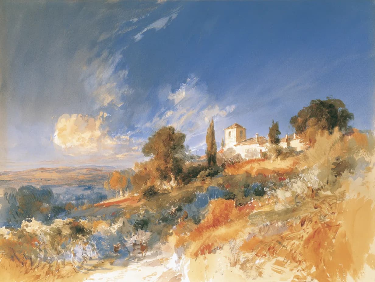 Aquarela de uma vila no alto de uma colina sob o céu aberto