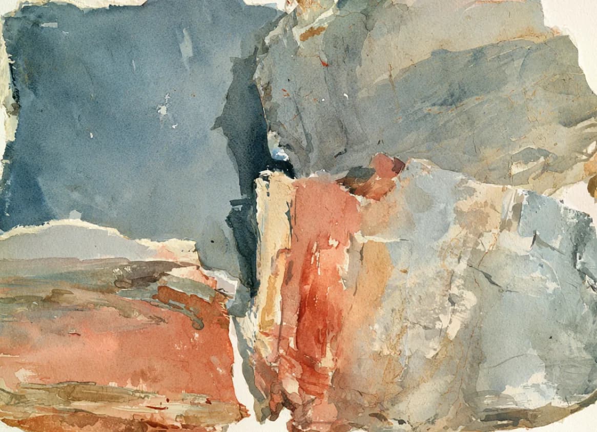 Aquarela de quatro blocos de pedra separados, encostados sem se encaixar